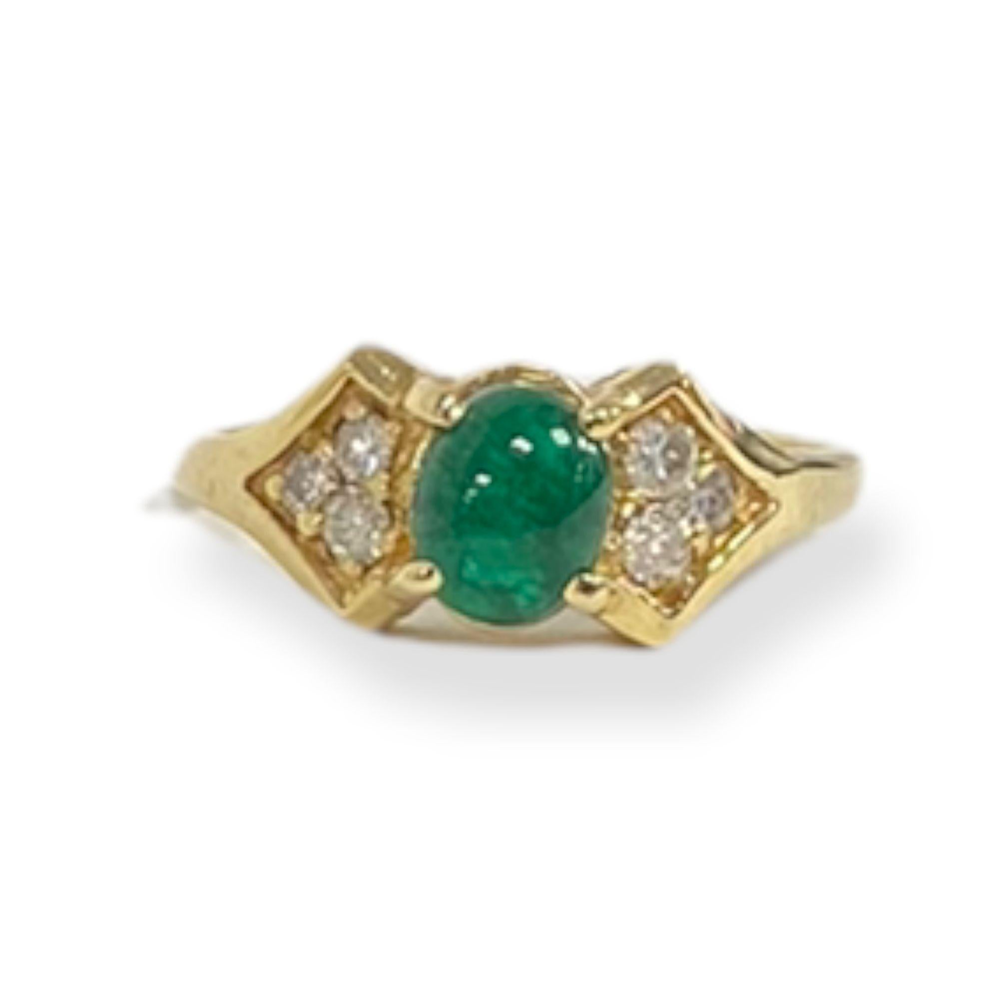 Baroque Suzy Levian 14K Yellow Gold Cabochon-Cut Emerald and Diamond Vintage Ring For Sale