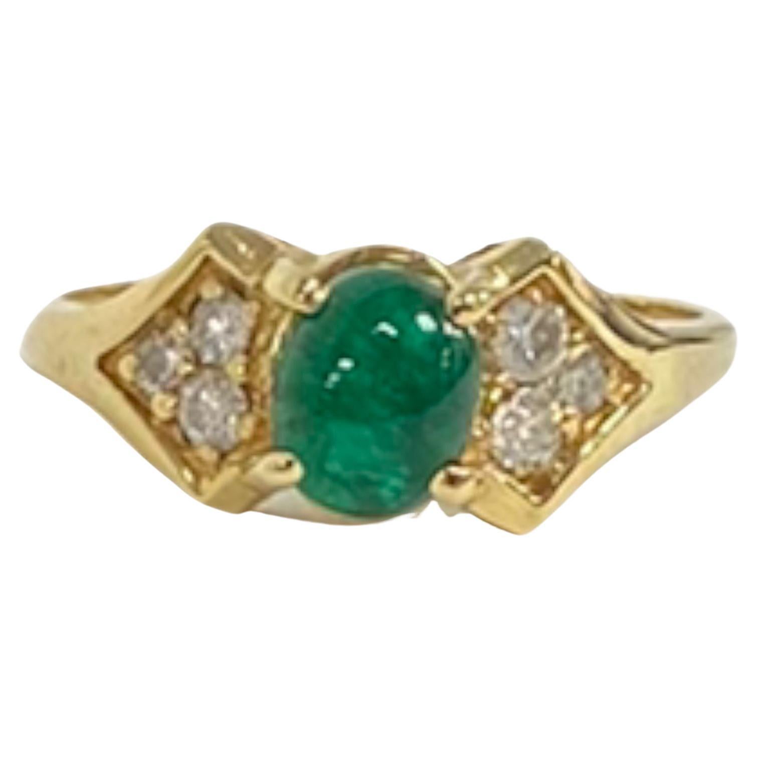 Suzy Levian 14K Yellow Gold Cabochon-Cut Emerald and Diamond Vintage Ring For Sale