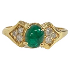 Suzy Levian 14K Yellow Gold Cabochon-Cut Emerald and Diamond Vintage Ring