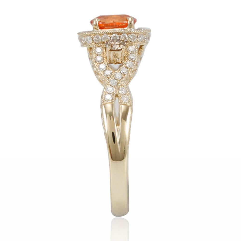 Contemporary Suzy Levian 14 Karat Gold Cushion-Cut Orange Sapphire and Brown Diamond Ring For Sale