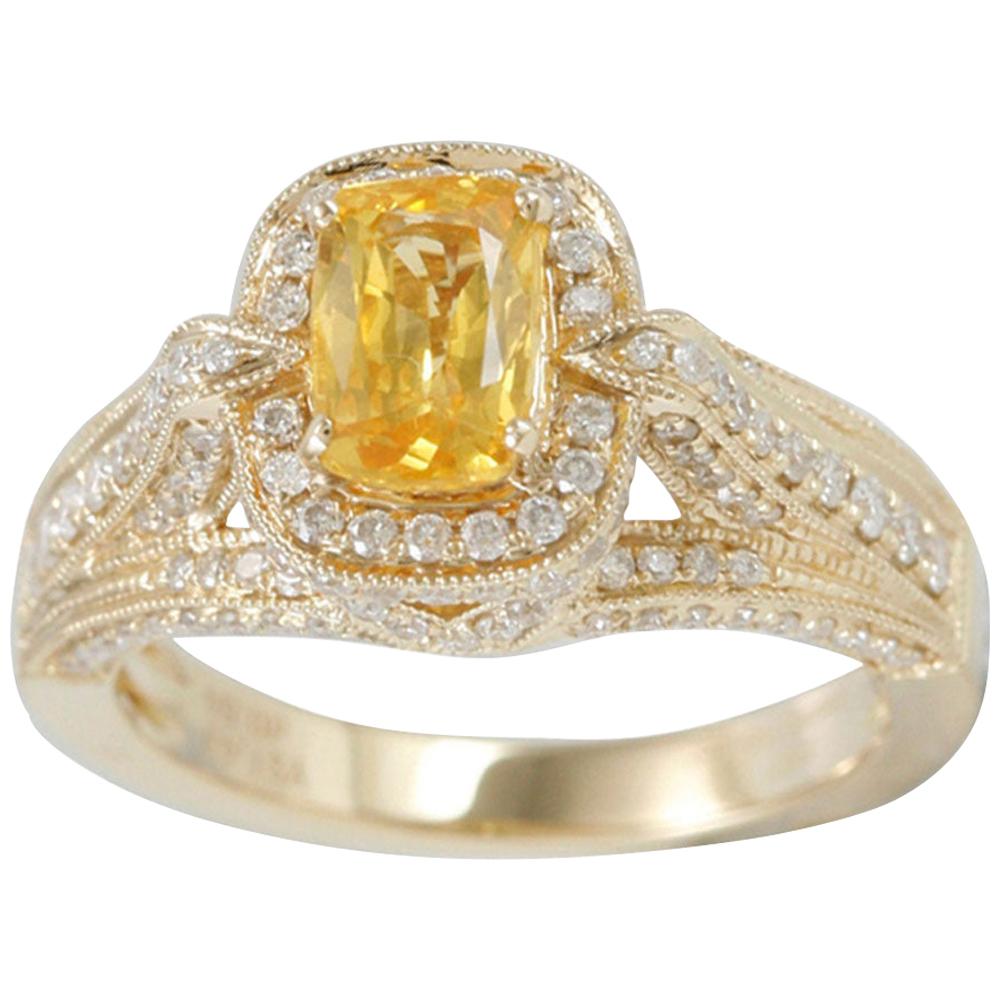 Suzy Levian 14K Yellow Gold Cushion Cut Yellow Sapphire and White Diamond Ring