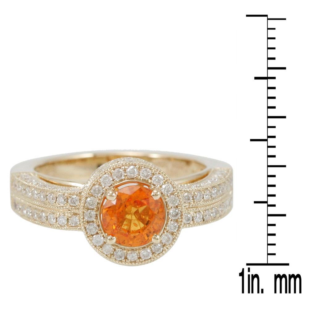 Round Cut Suzy Levian 14 Karat Yellow Gold Orange Sapphire and Diamond Ring For Sale