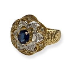Suzy Levian 14K Yellow Gold Oval-Cut Sapphire White Diamond Vintage Flower Ring