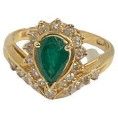 Suzy Levian 14K Yellow Gold Pear-Cut Emerald and White Diamond Ring