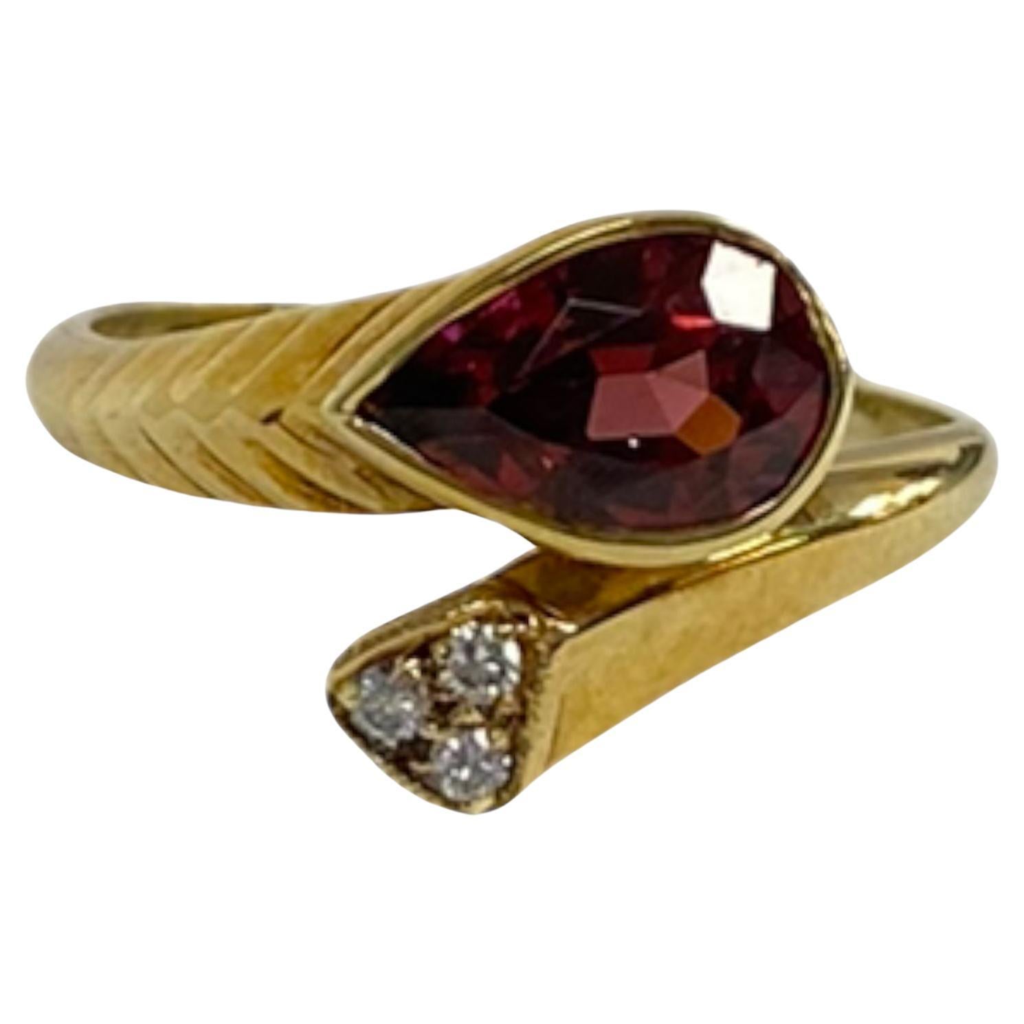 Suzy Levian 14K Yellow Gold Pear-Cut Garnet and White Diamond Cocktail Ring  For Sale