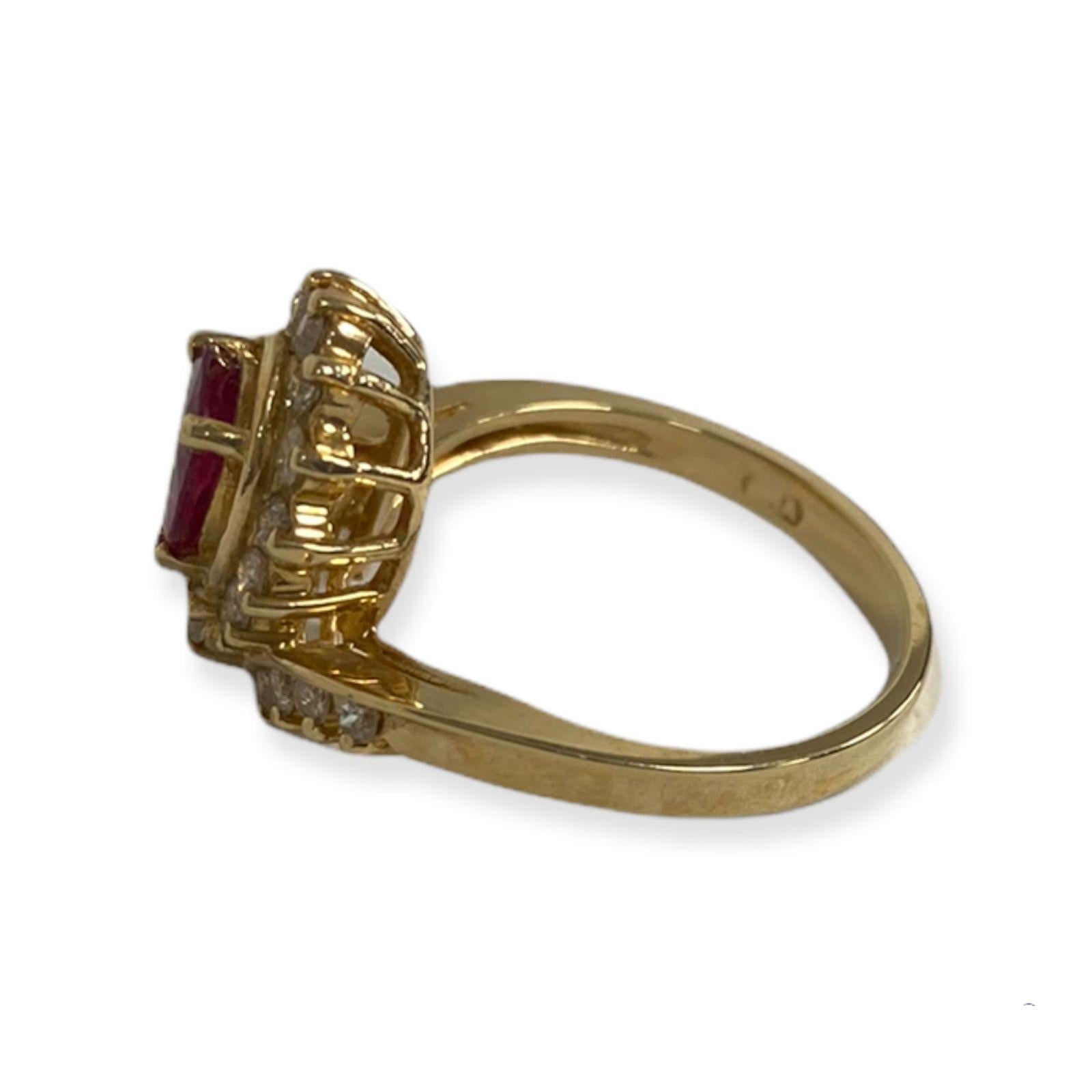 This spectacular ring from the Suzy Levian collection features 14k gold. An array of white diamonds (.50cttw) accent the perfect red color of the ruby gemstone center stone (1.00ct) The brilliance of these gems and the luster of the high-polish