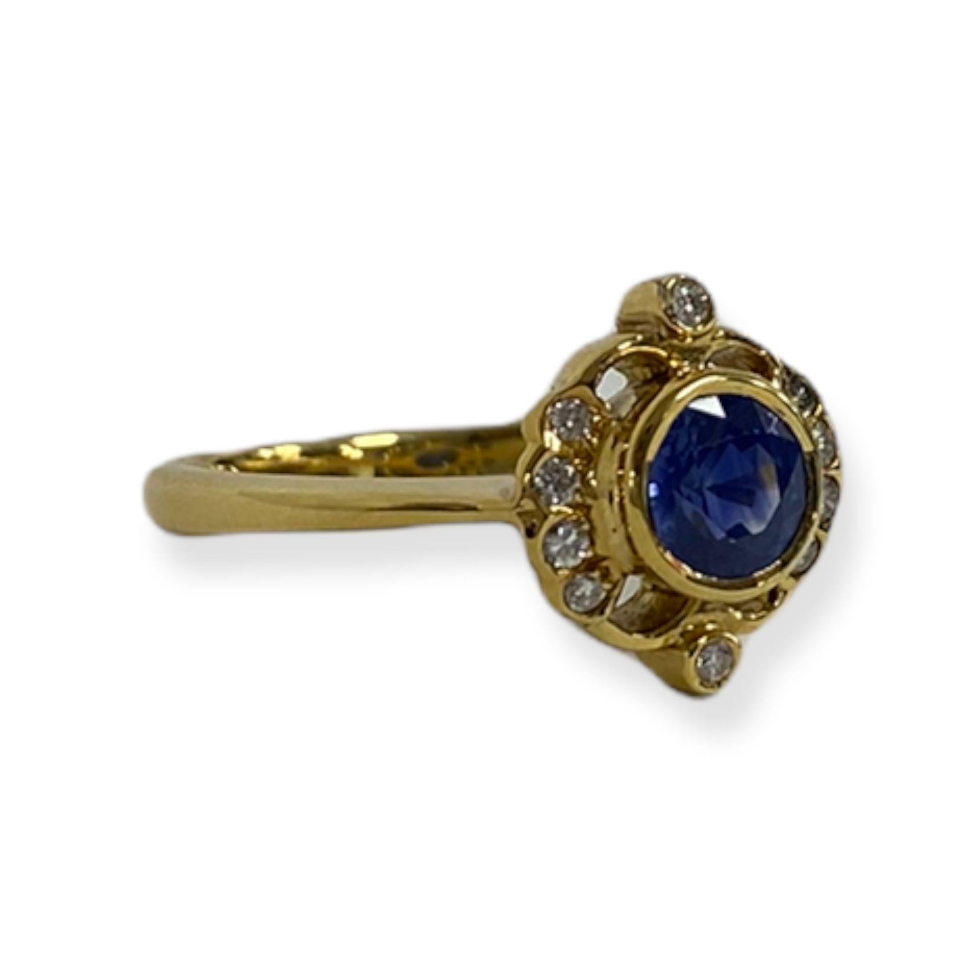 This spectacular ring from the Suzy Levian collection features 14k gold. An array of white diamonds (.10cttw) accent the perfect blue color of the sapphire gemstone center stone (.50ct) The brilliance of these gems and the luster of the high-polish