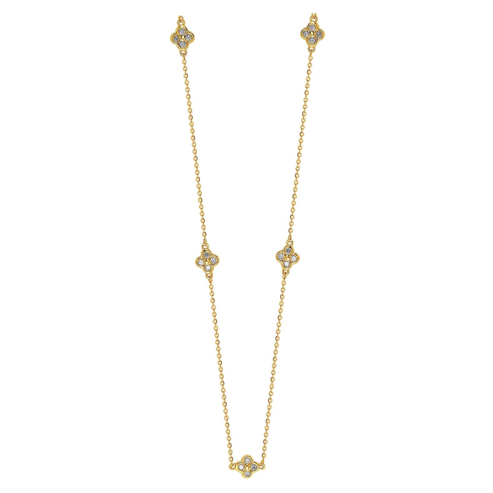 Suzy Levian, Station-Halskette, 14 Karat Gelbgold, weißer Diamant, 5 Kleeblätter pro Meter