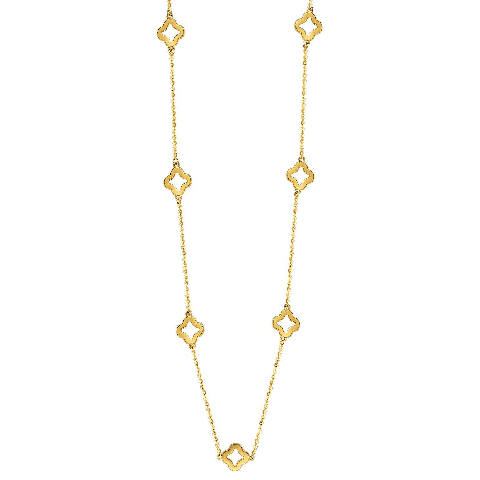 This unique Suzy Levian diamond open clover by the yard necklace displays round-cut diamonds on 14 karat yellow gold setting. This gorgeous necklace contains 126, 1 mm white round cut diamonds totaling .63 cttw. The necklace has 7 clovers, each