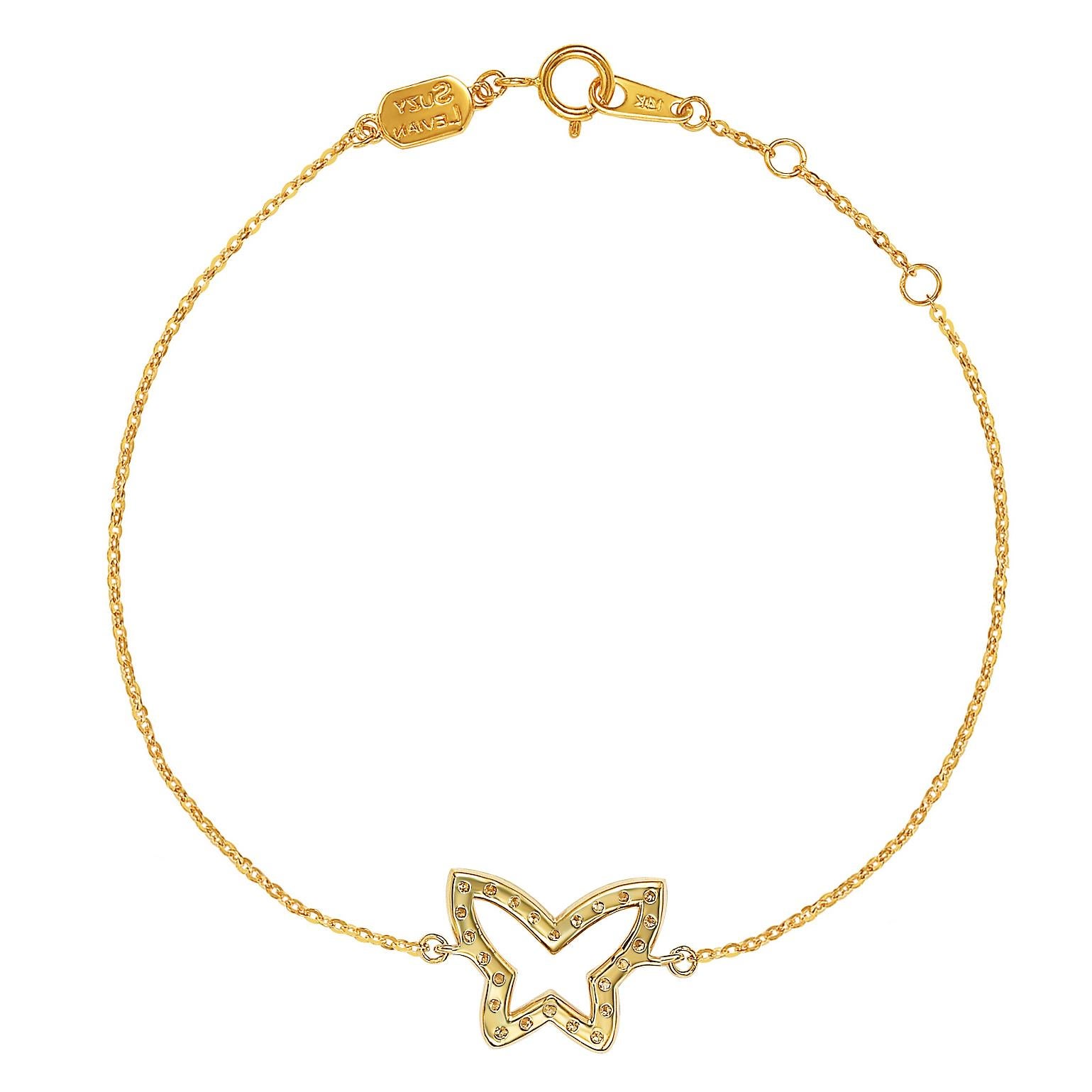 This elegant Suzy Levian butterfly solitaire bracelet features 24 diamonds, which are 1.4 mm size totals .30 cttw, all set in 14K yellow gold setting. Each diamond butterfly is attached to a chain that is secured with a spring ring closure with a