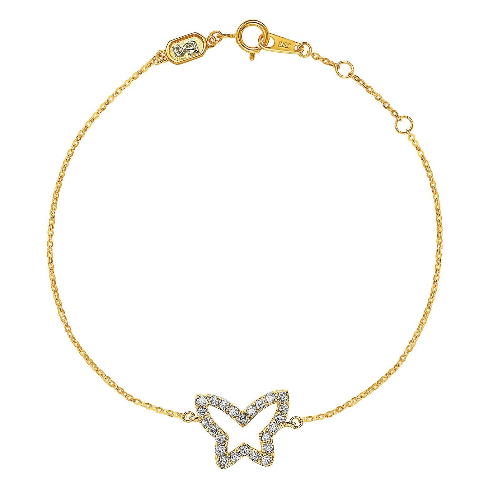 Suzy Levian 14K Yellow Gold White Diamond Butterfly Solitaire Bracelet For Sale
