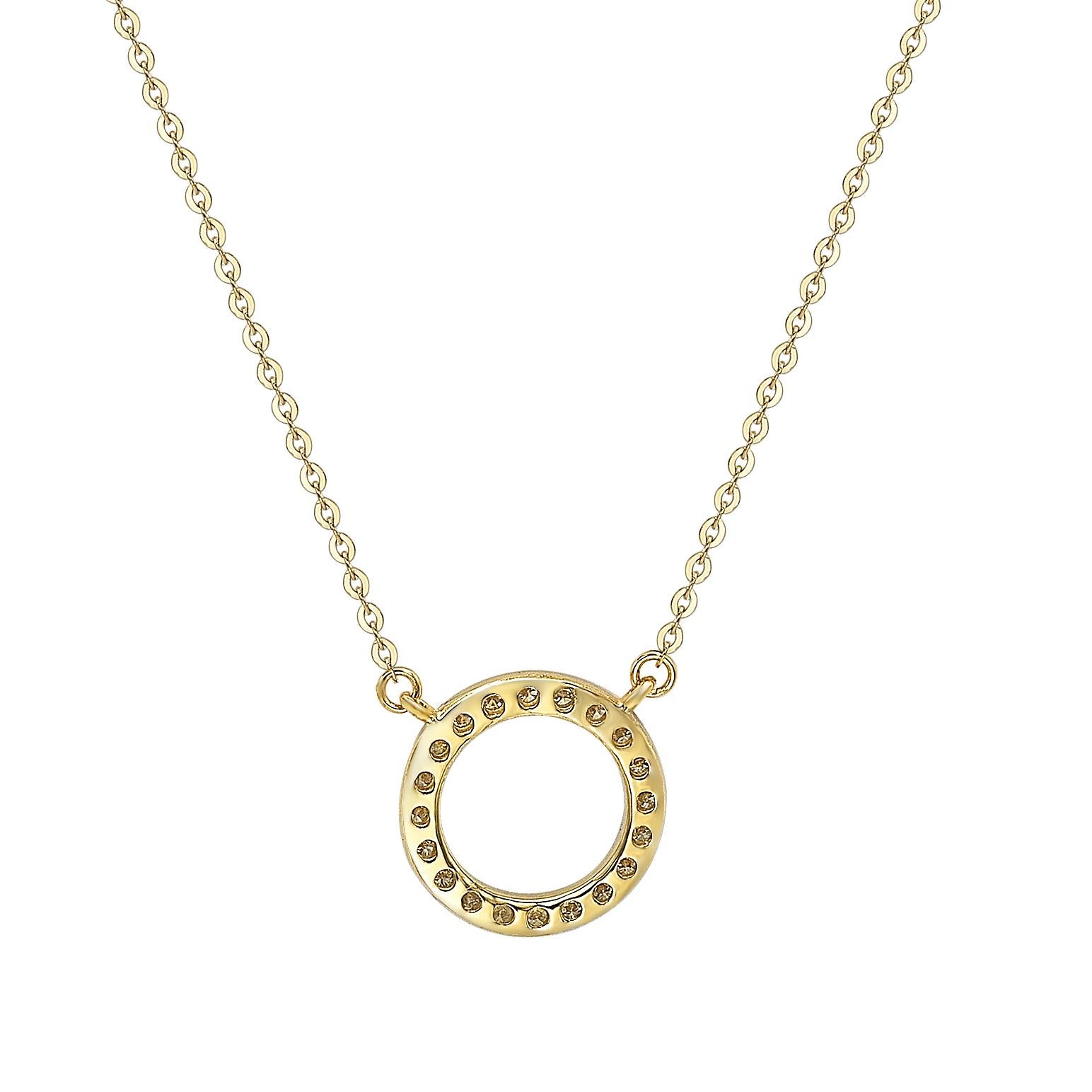 This breathtaking Suzy Levian circle necklace features natural diamonds, hand-set in 14-Karat yellow gold. It's the perfect gift to let someone special know you're thinking of them. Each circle necklace features a single row of pave natural white