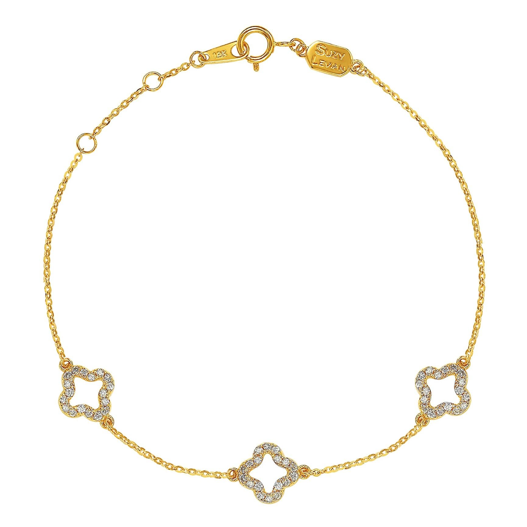 Suzy Levian 14k Yellow Gold White Diamond Clover by the Yard Station Bracelet