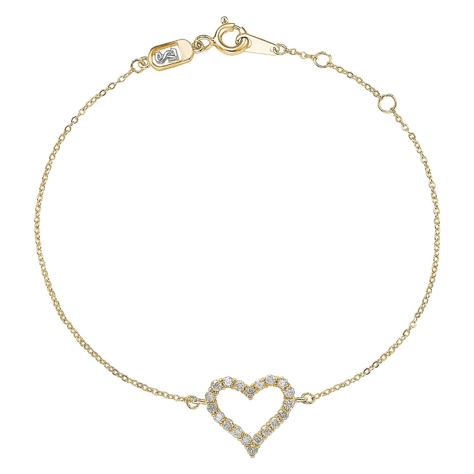 Suzy Levian 14K Yellow Gold White Diamond Heart Solitaire Bracelet For Sale