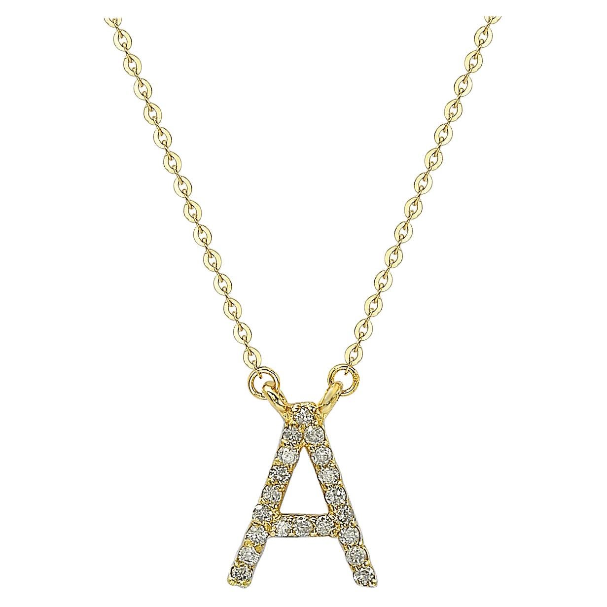 Suzy Levian 14k Yellow Gold White Diamond Letter Initial Necklace, A For Sale