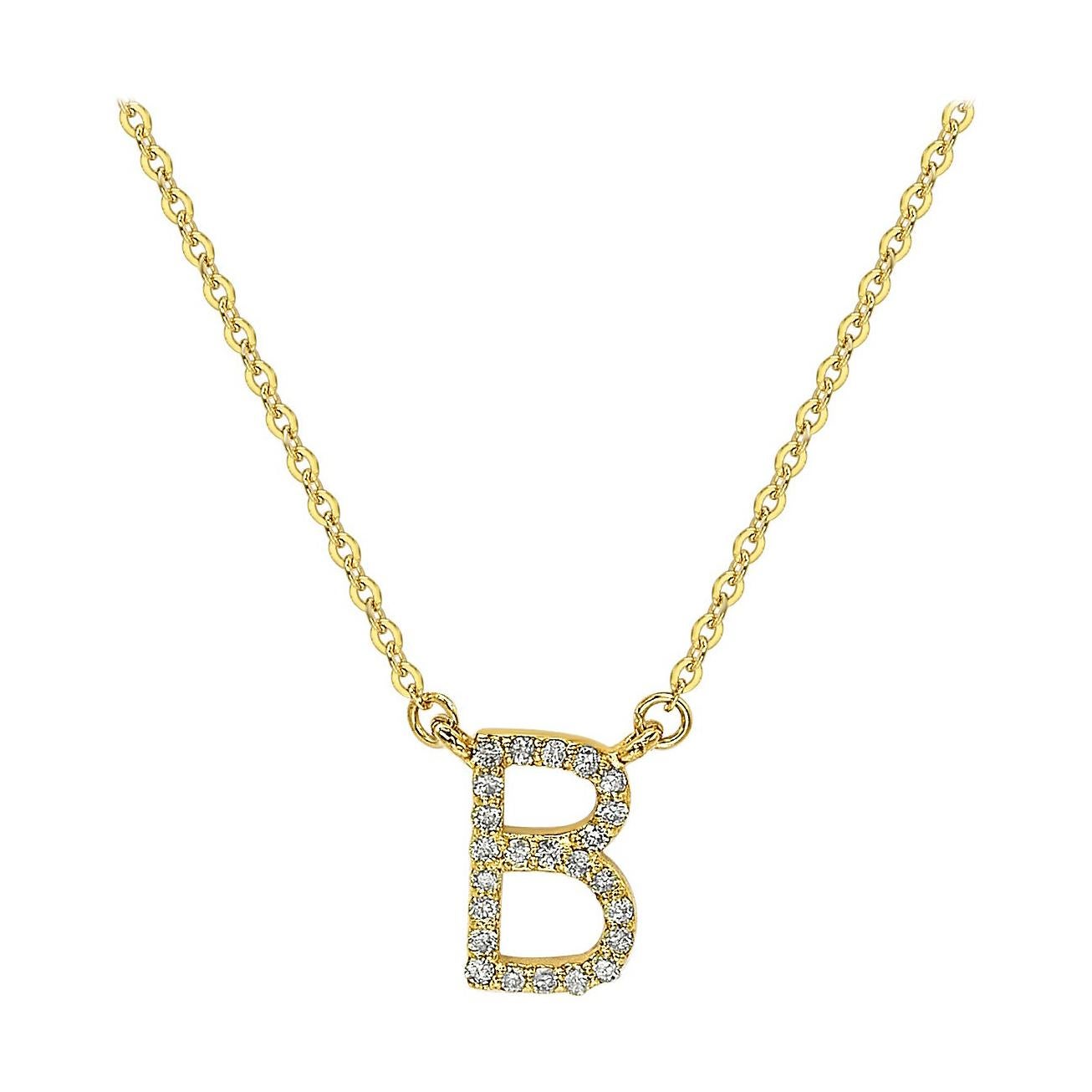 Suzy Levian 14k Yellow Gold White Diamond Letter Initial Necklace, B For Sale