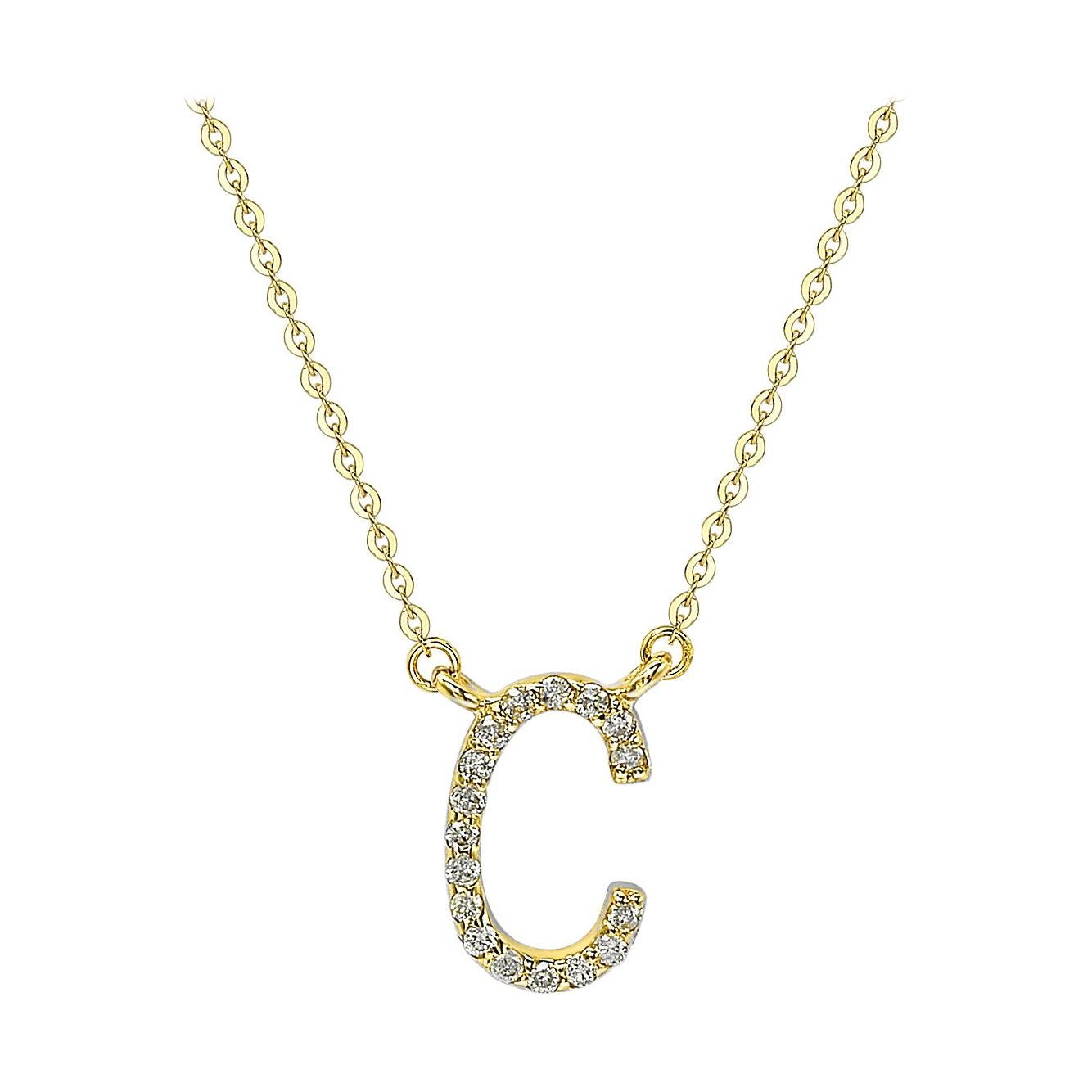 Suzy Levian 14K Yellow Gold White Diamond Letter Initial Necklace, C For Sale