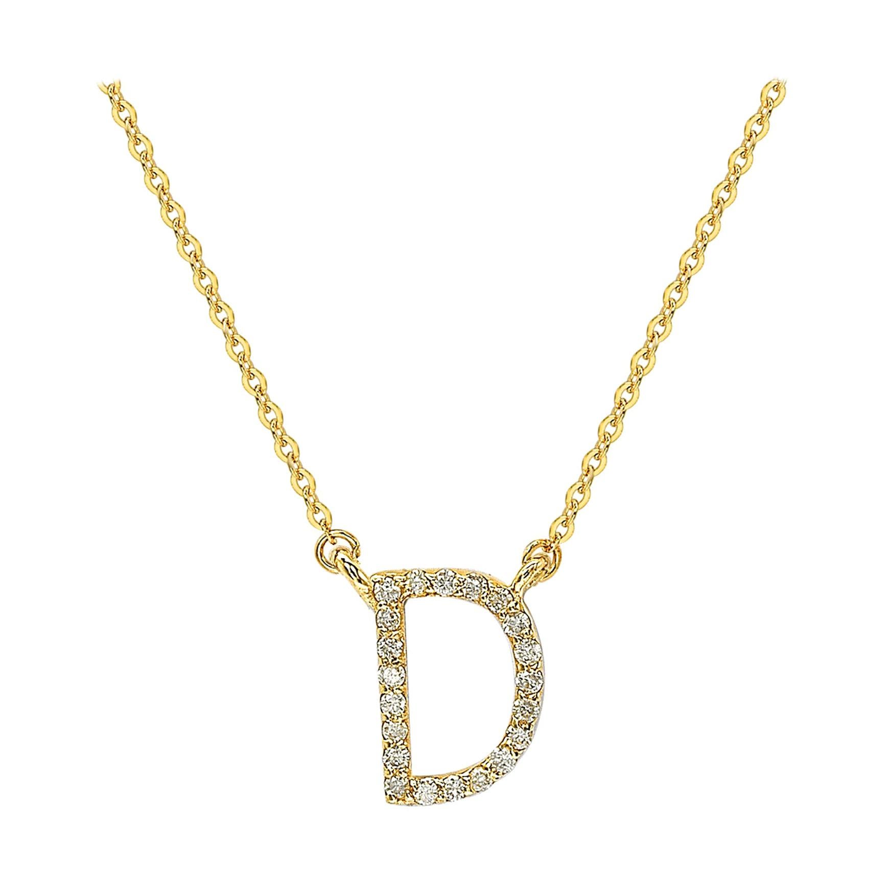 Suzy Levian 14k Yellow Gold White Diamond Letter Initial Necklace, D For Sale