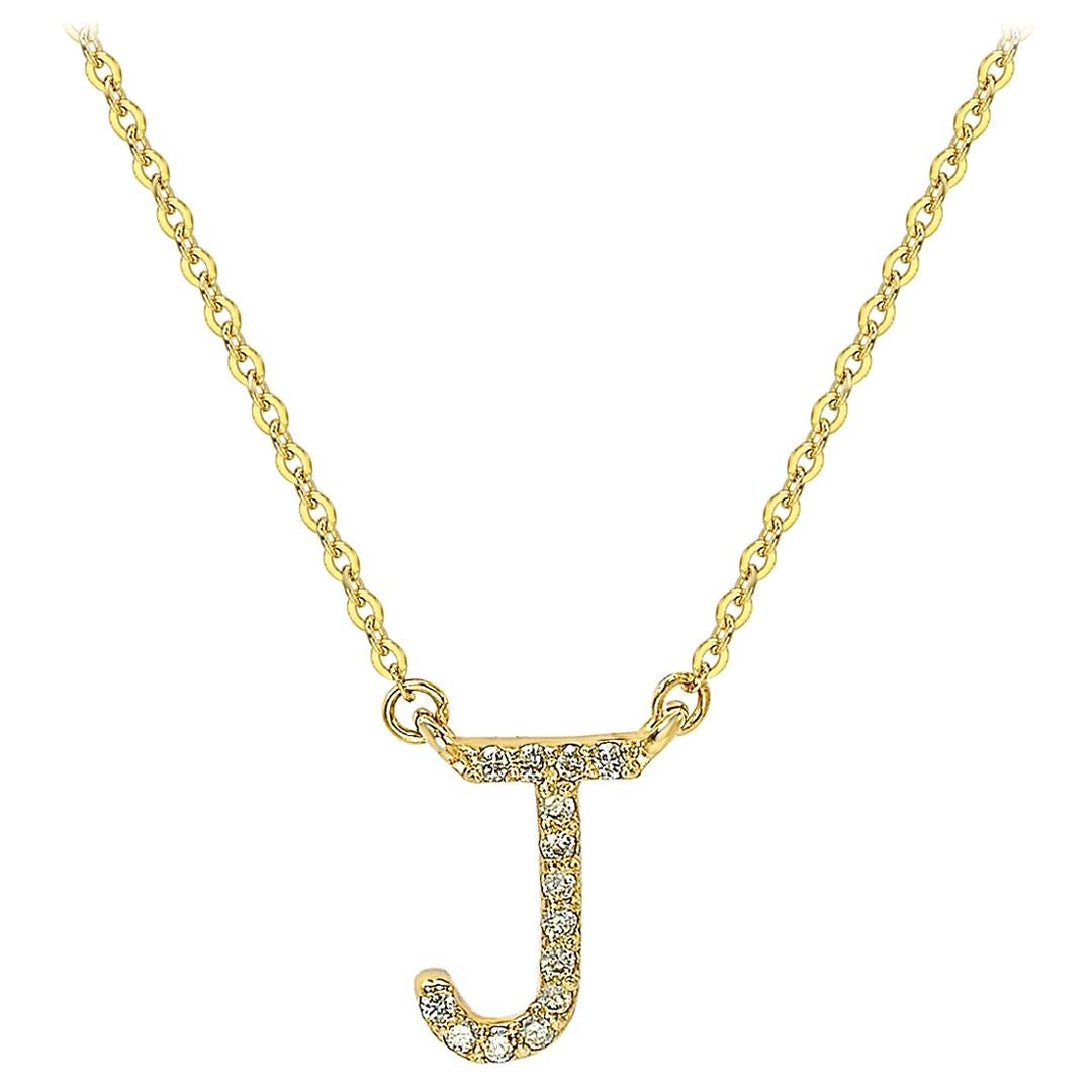 Suzy Levian 0.10 Carat White Diamond 14K Yellow Gold Letter Initial Necklace, J For Sale