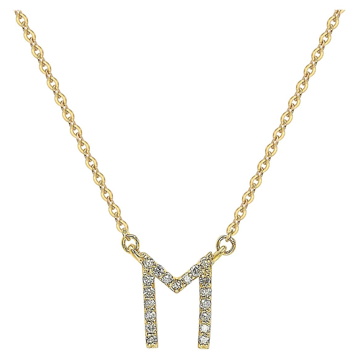 Suzy Levian 0.10 Carat White Diamond 14K Yellow Gold Letter Initial Necklace, M For Sale