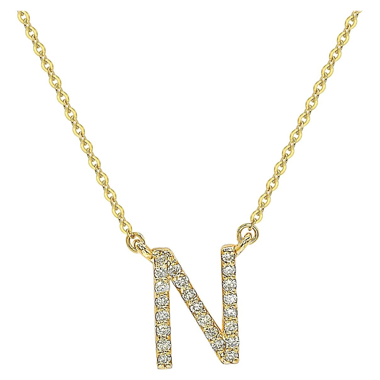 Suzy Levian 0.10 Carat White Diamond 14K Yellow Gold Letter Initial Necklace, N For Sale