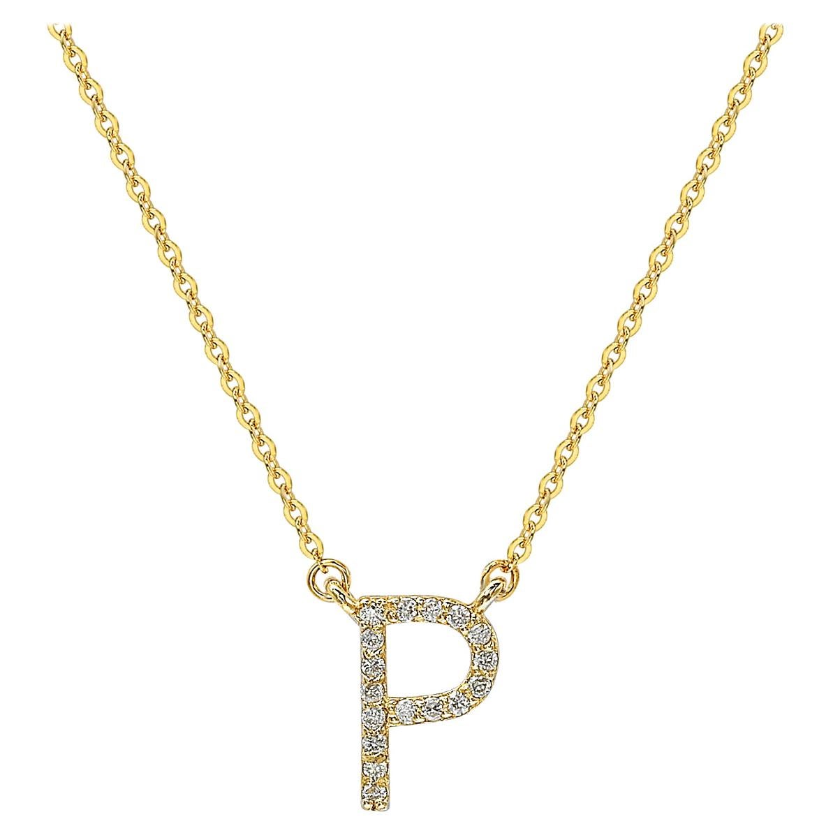 Suzy Levian 0.10 Carat White Diamond 14K Yellow Gold Letter Initial Necklace, P For Sale