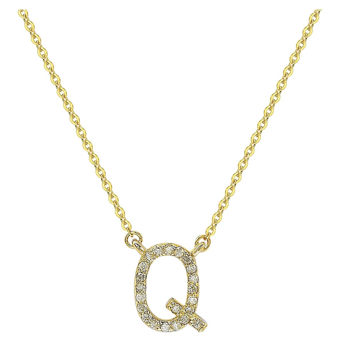  Suzy Levian 0.10 Carat White Diamond 14K Yellow Gold Letter Initial Necklace, Q For Sale