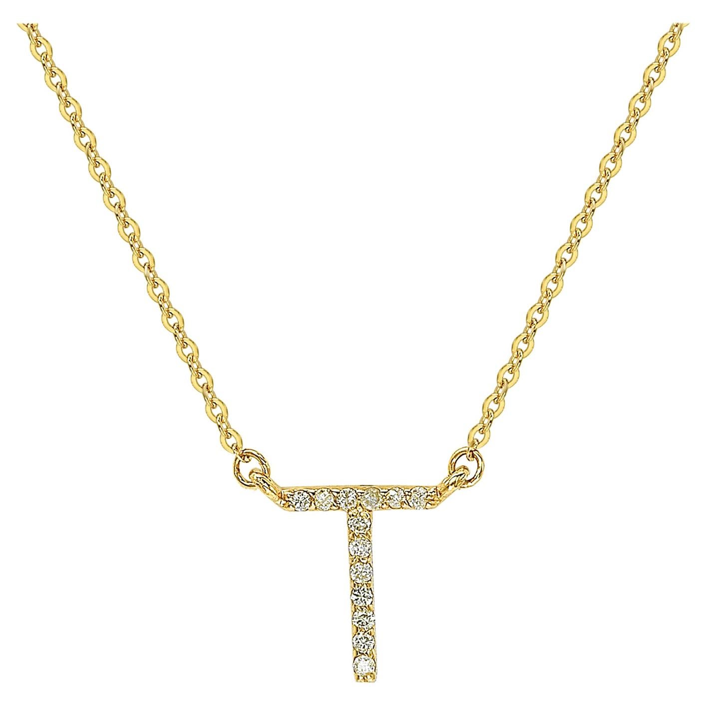 Suzy Levian 0.10 Carat White Diamond 14K Yellow Gold Letter Initial Necklace, T For Sale