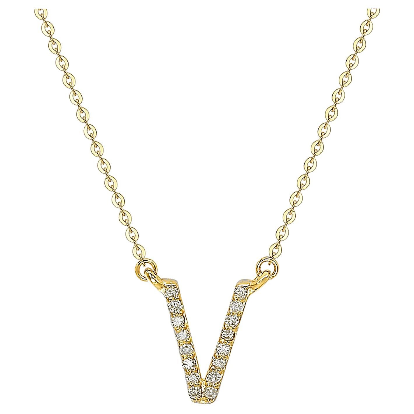 Suzy Levian 0.10 Carat White Diamond 14K Yellow Gold Letter Initial Necklace, V For Sale