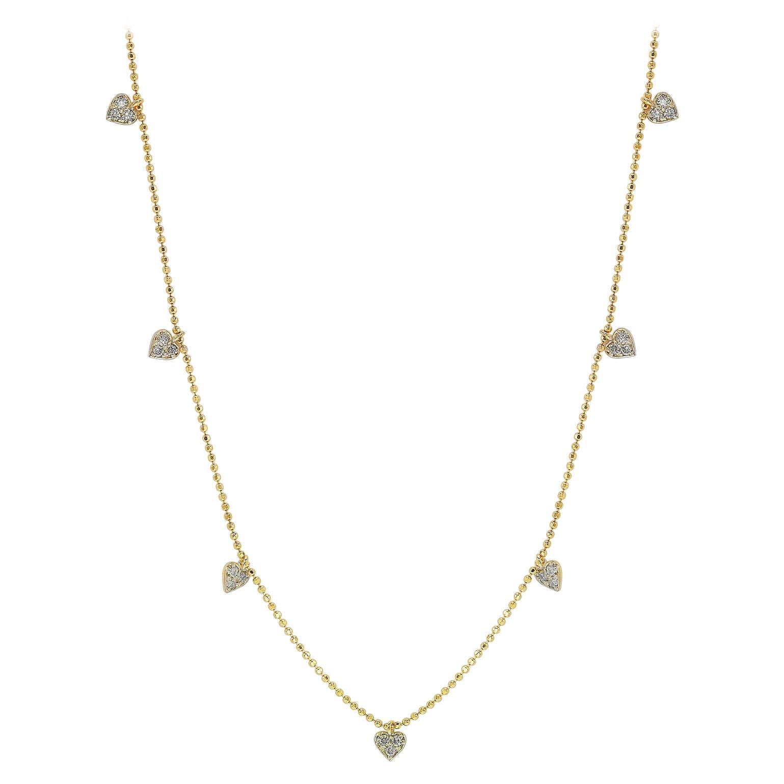 Suzy Levian 14K Yellow Gold White Diamonds Heart Station Necklace For Sale