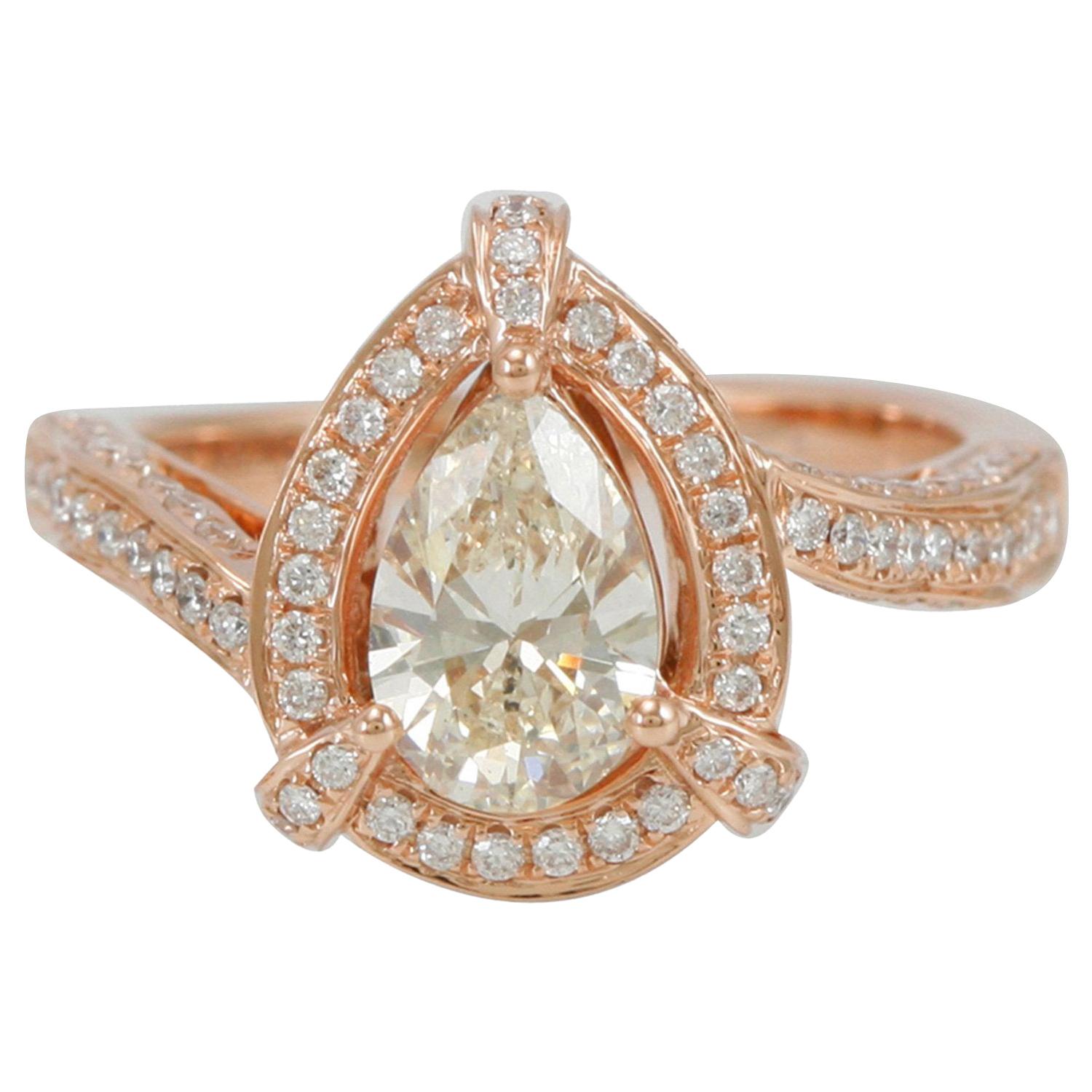Suzy Levian 18 Karat Rose Gold Pear-Cut Natural Yellow Diamond Engagement Ring