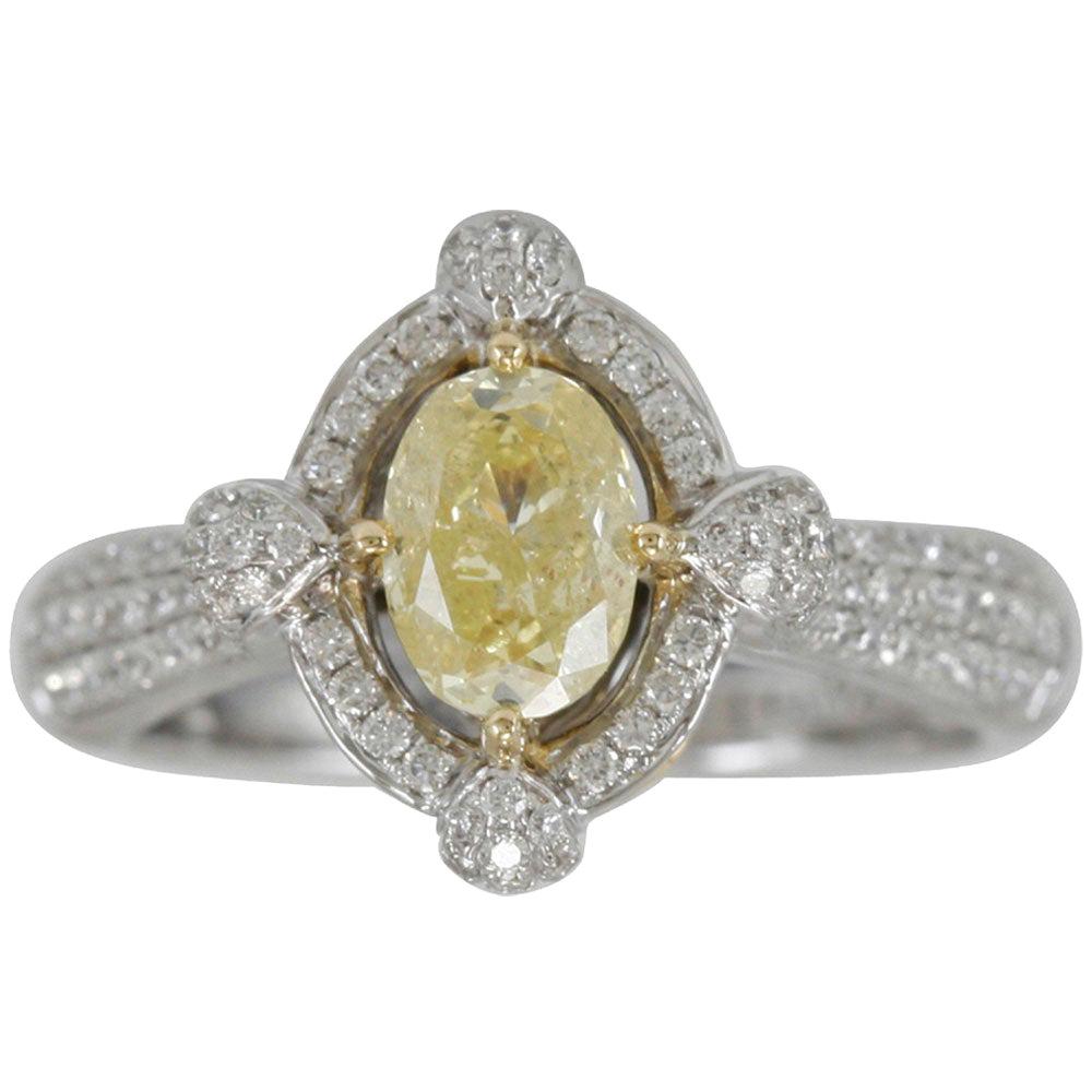 Suzy Levian Bague en or bicolore 18 carats avec diamants jaunes et blancs de couleur fantaisie de taille ovale en vente