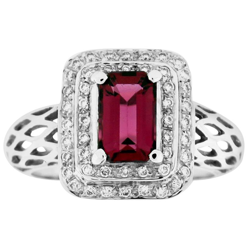Suzy Levian 18 Karat White Gold Emerald-Cut Ruby and Diamond Engagement Ring