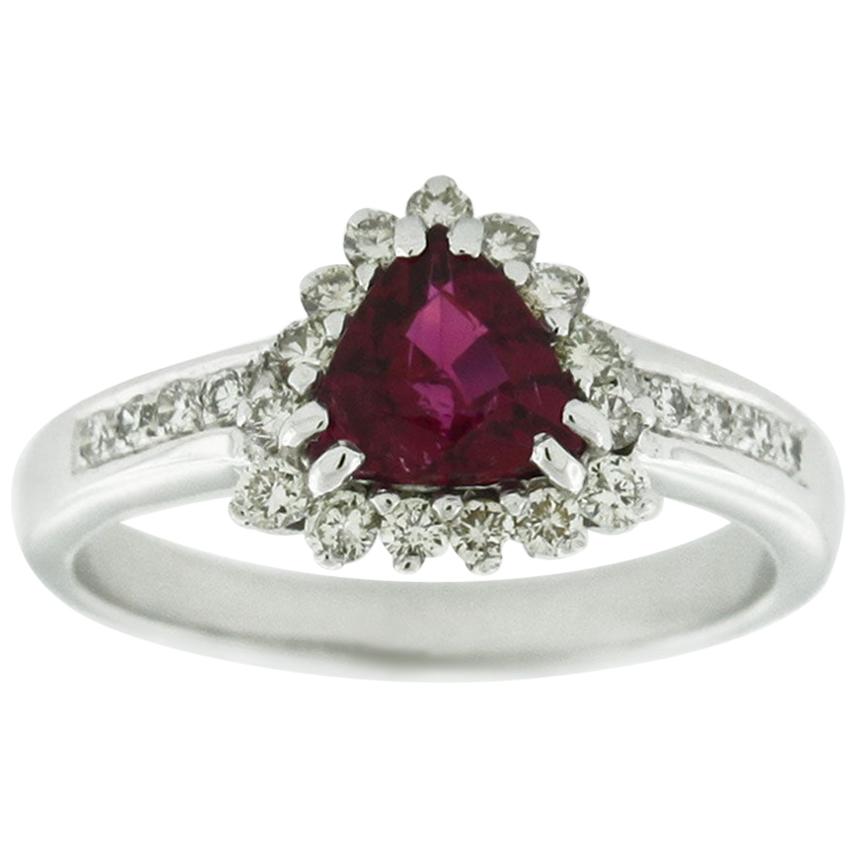 Suzy Levian 18 Karat White Gold Trillion-Cut Ruby and Diamond Ring