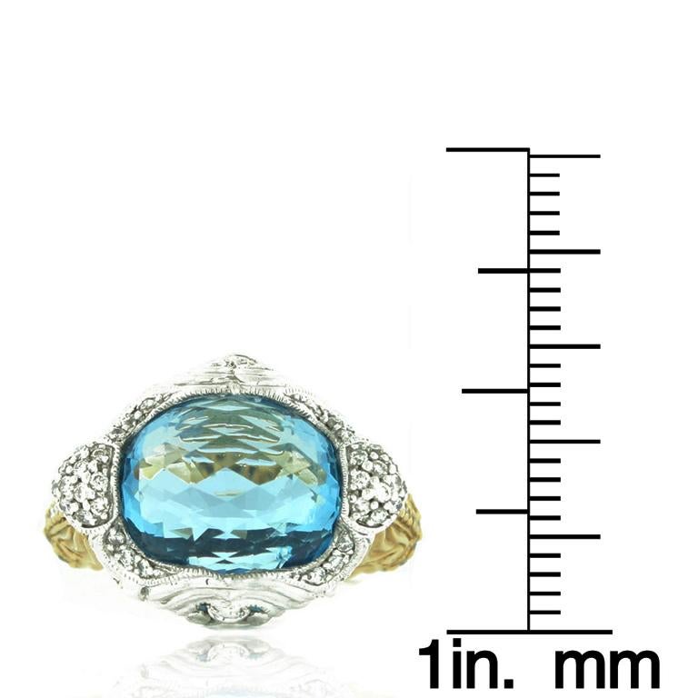 Contemporary Suzy Levian 18K Two-Tone White & Yellow Gold Cabochon-Cut London Blue Topaz Ring For Sale