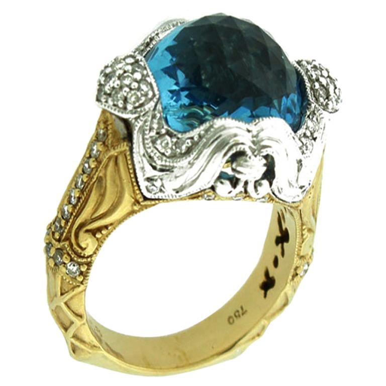 Suzy Levian 18K Two-Tone White & Yellow Gold Cabochon-Cut London Blue Topaz Ring For Sale