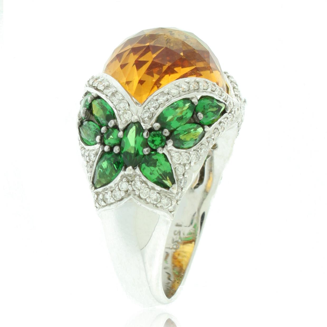 Contemporary Suzy Levian 18K White Gold Cabochon-Cut Citrine and Tsavorite Cocktail Ring For Sale