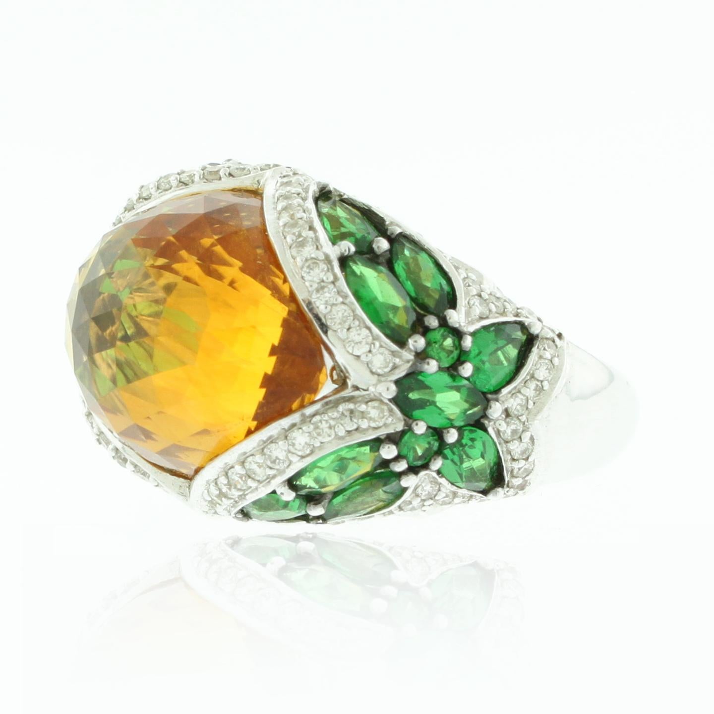 Mixed Cut Suzy Levian 18K White Gold Cabochon-Cut Citrine and Tsavorite Cocktail Ring For Sale