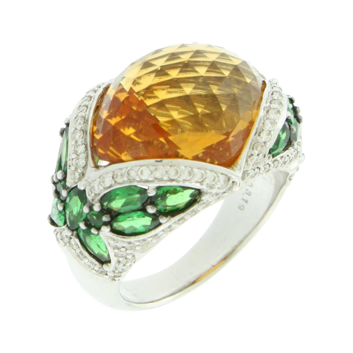 Suzy Levian 18K White Gold Cabochon-Cut Citrine and Tsavorite Cocktail Ring