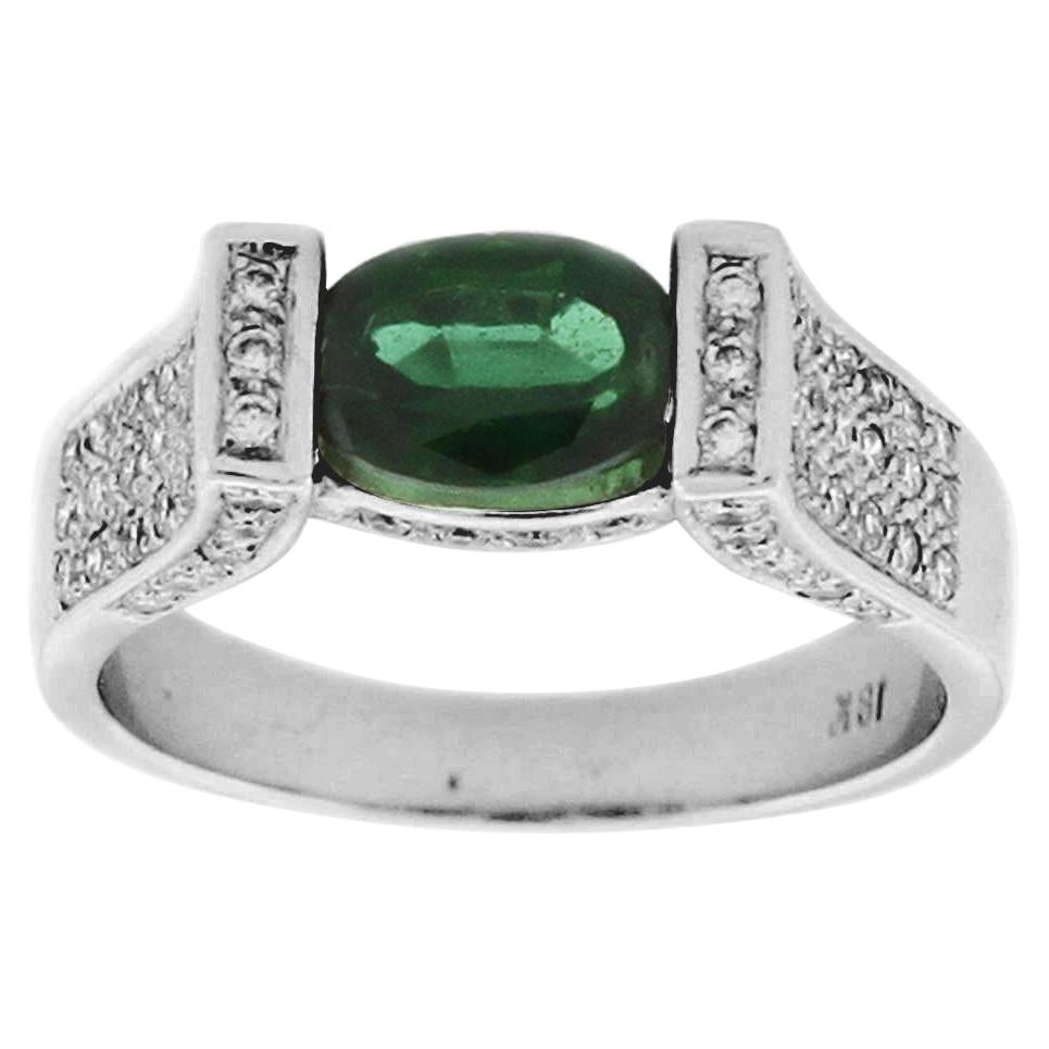 Suzy Levian 18K White Gold Oval-Cut Green Tourmaline and White Diamond Ring For Sale