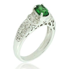 Suzy Levian 18K White Gold Oval-Cut Green-Tsavorite White Diamond Bridal Ring