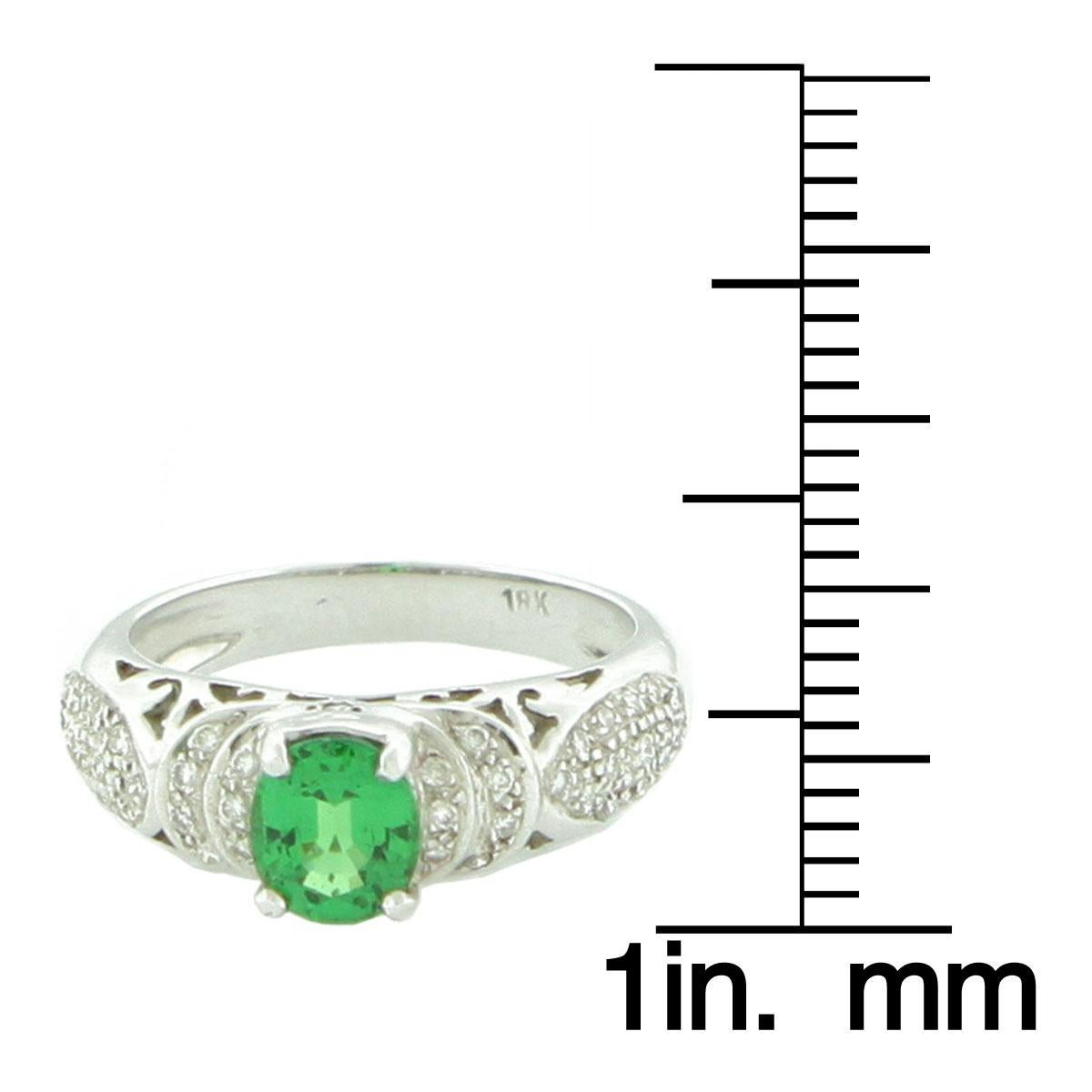Oval Cut Suzy Levian 18K White Gold Oval-Cut Green-Tsavorite White Diamond Bridal Ring For Sale