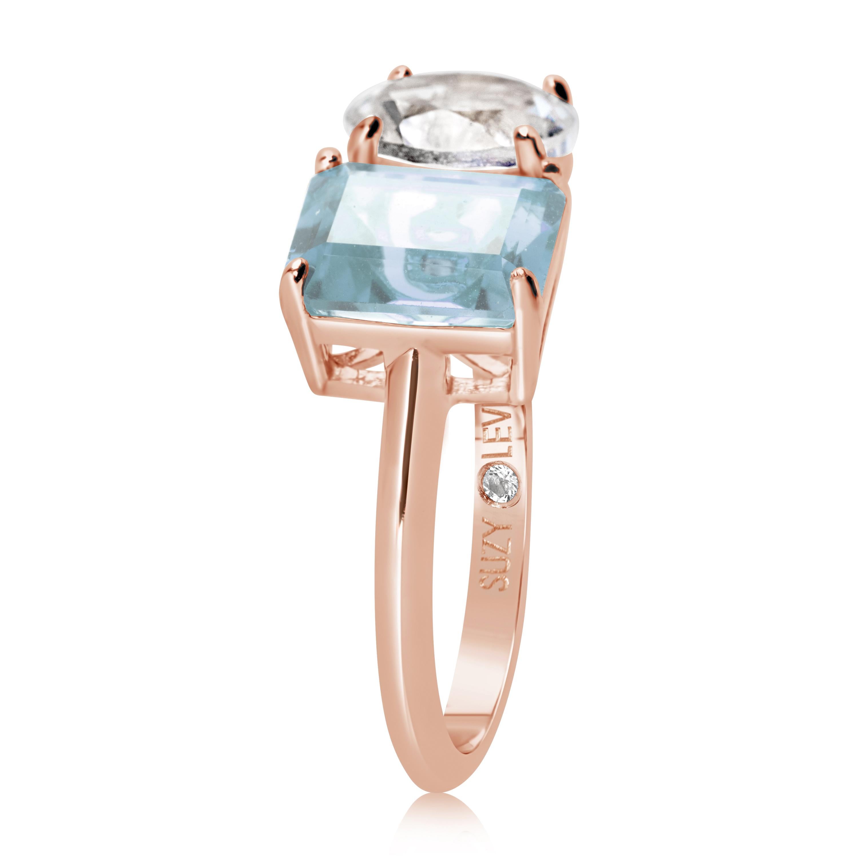 Shimmering in hues of white and blue, this Suzy Levian ring is as on trend as can be, and features a round cut white topaz and an emerald cut blue topaz as a perfectly matched pair. This ring symbolizes a perfect pairing of unique shapes. This ring