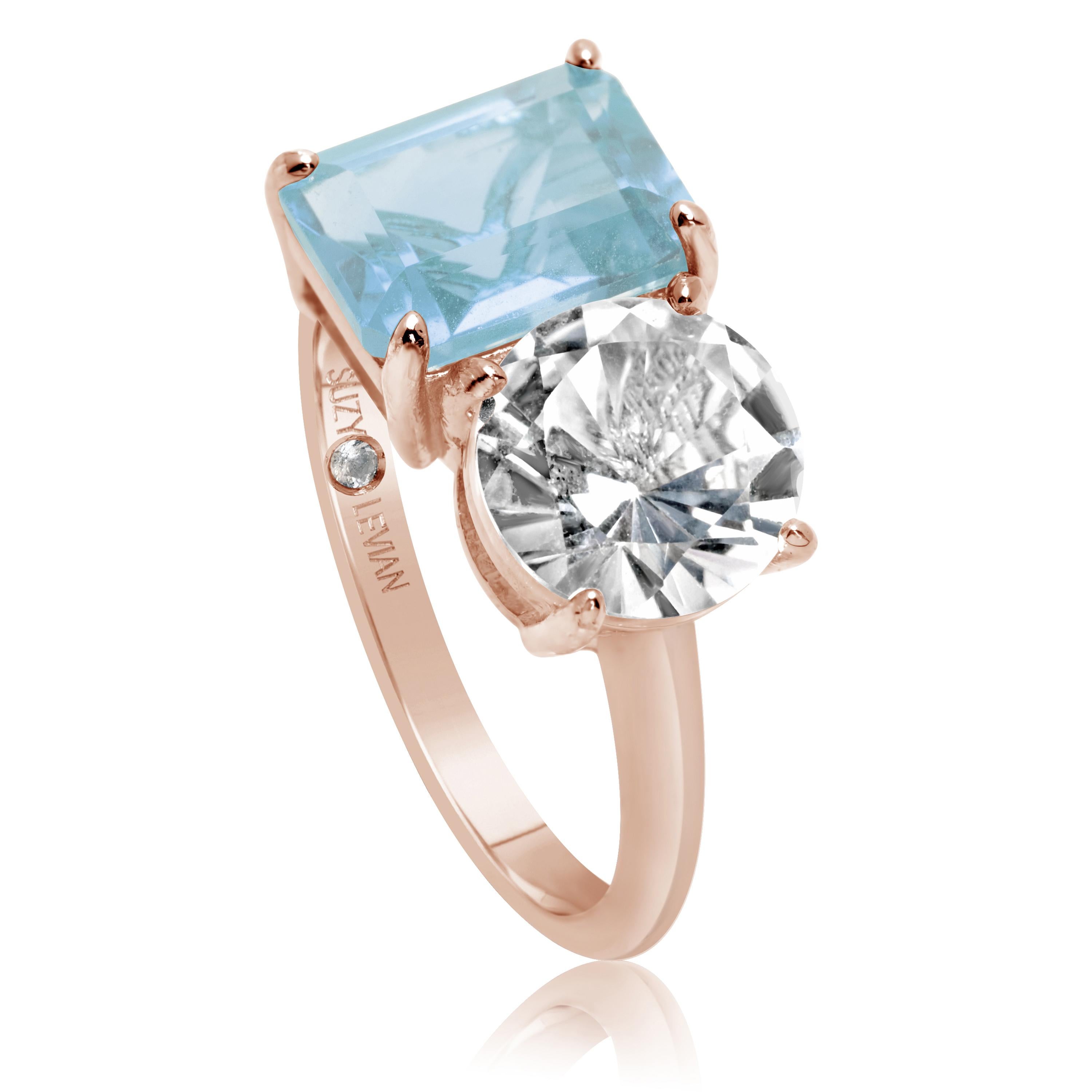 Contemporain Suzy Levian Rose, bague à deux pierres en argent sterling avec topaze blanche et topaze bleue en vente