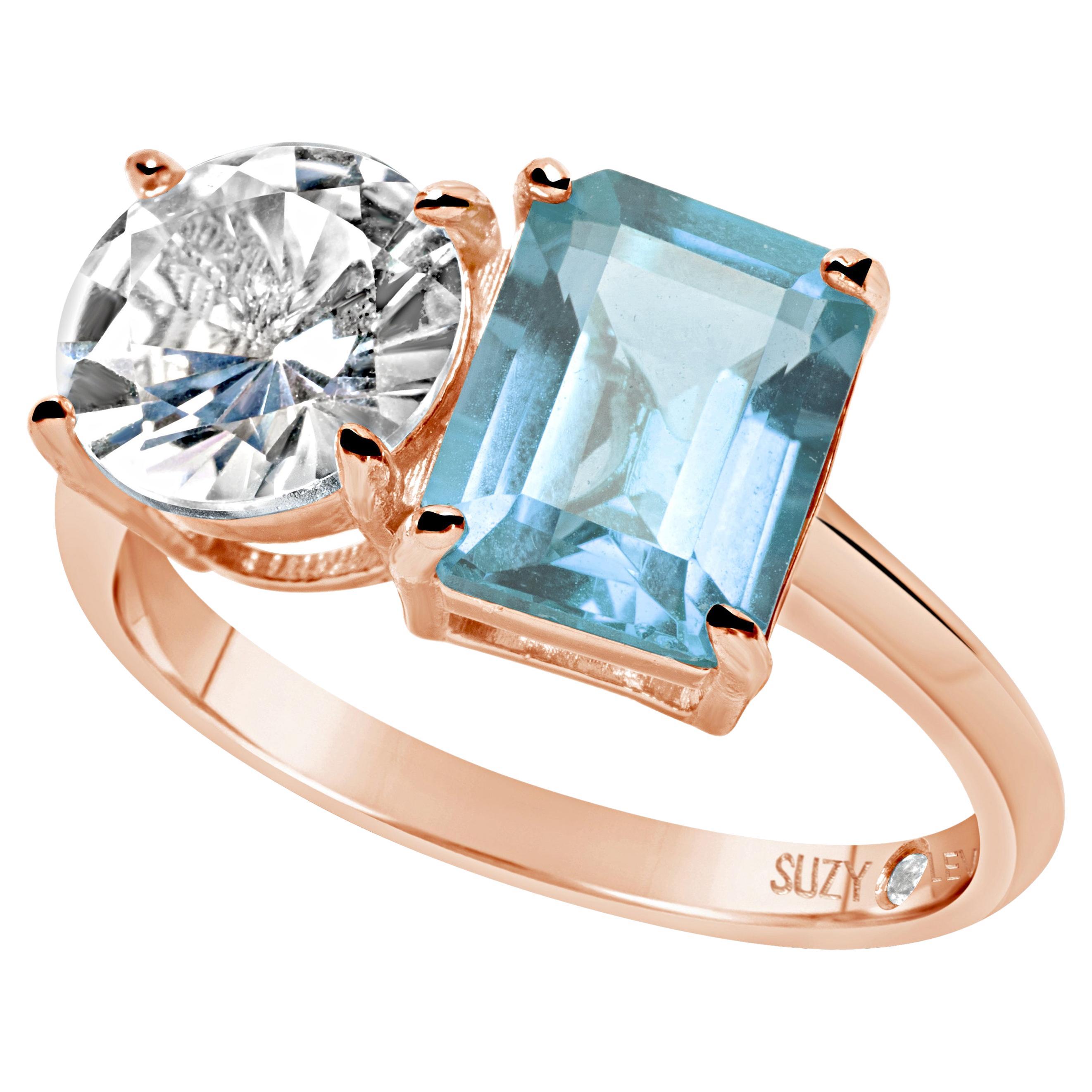 Suzy Levian Rose Sterling Silver White Topaz & Blue Topaz Two Stone Ring For Sale
