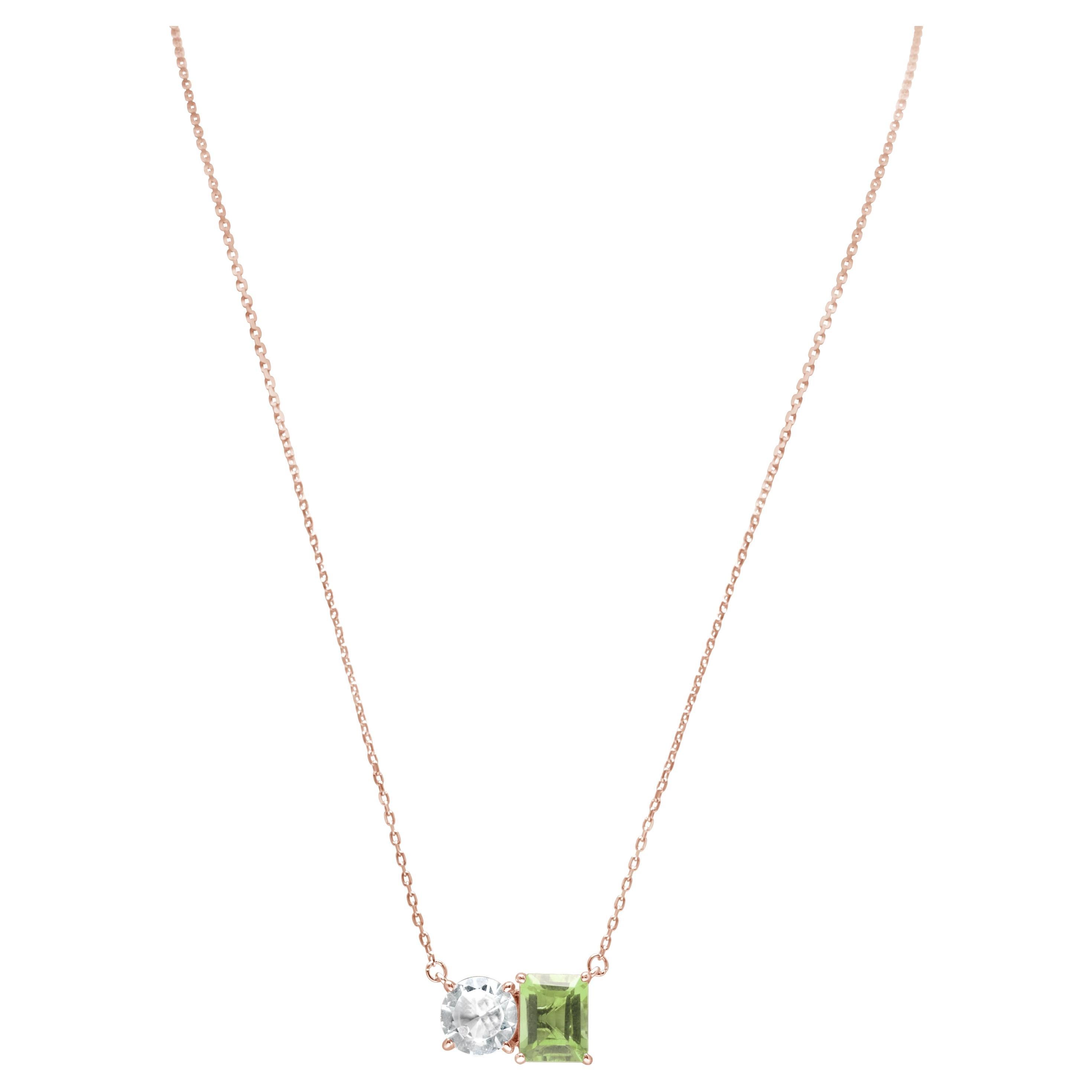 Suzy Levian Rose Sterling Silver White Topaz & Green Amethyst Two Stone Necklace For Sale