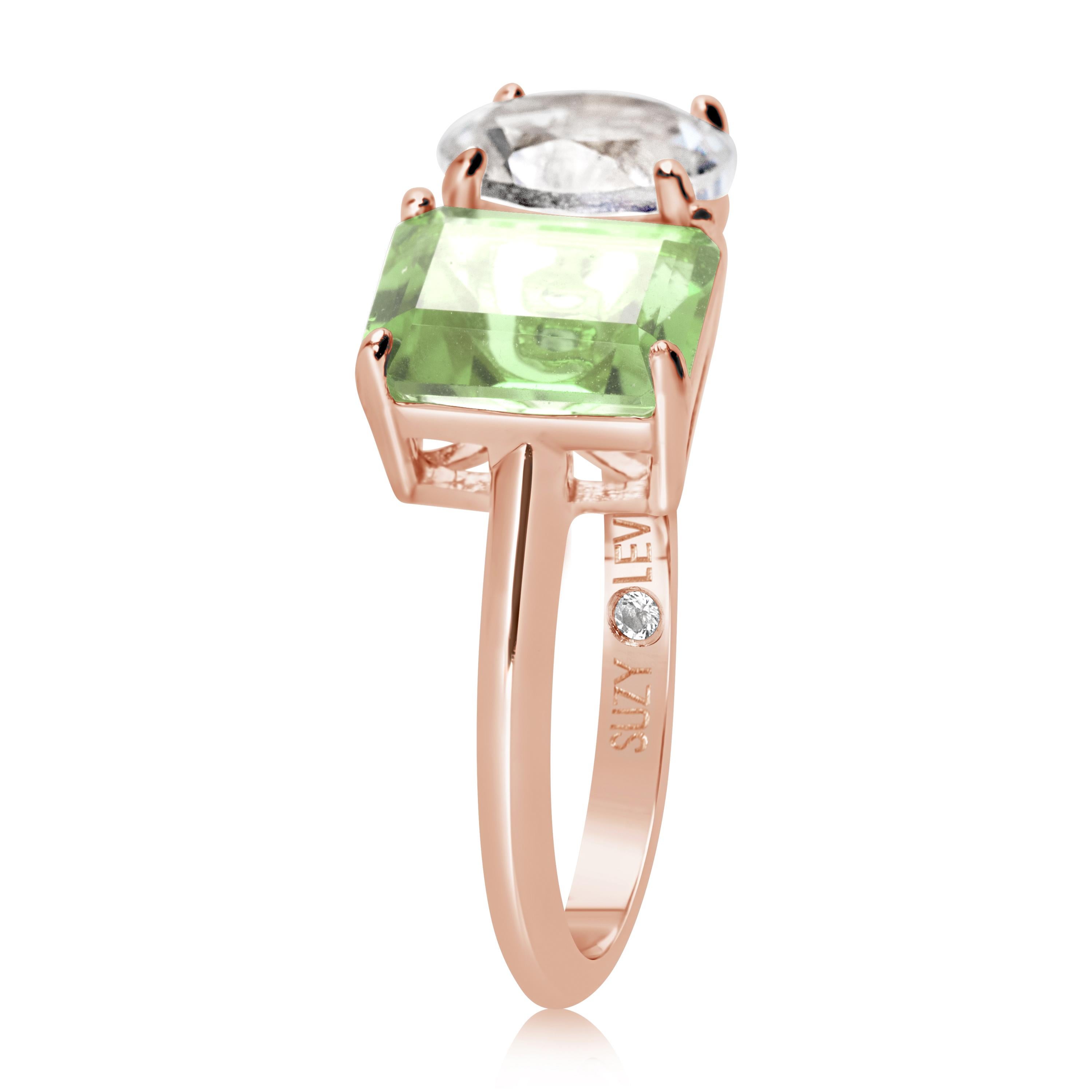 Shimmering in hues of white and green, this Suzy Levian ring is as on trend as can be, and features a round cut white topaz and an emerald cut green amethyst as a perfectly matched pair. This ring symbolizes a perfect pairing of unique shapes. This