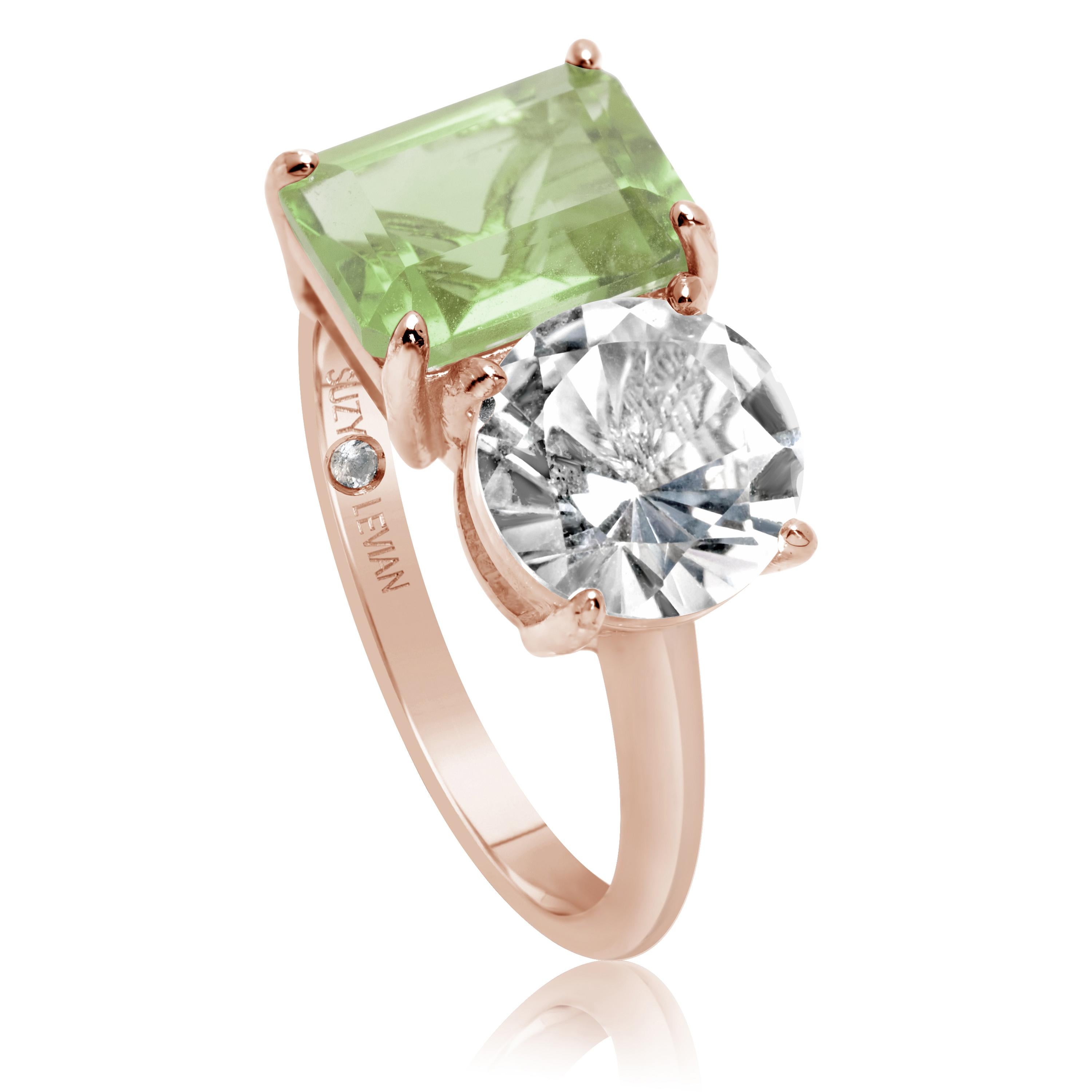 Contemporary Suzy Levian Rose Sterling Silver White Topaz & Green Amethyst Two Stone Ring For Sale