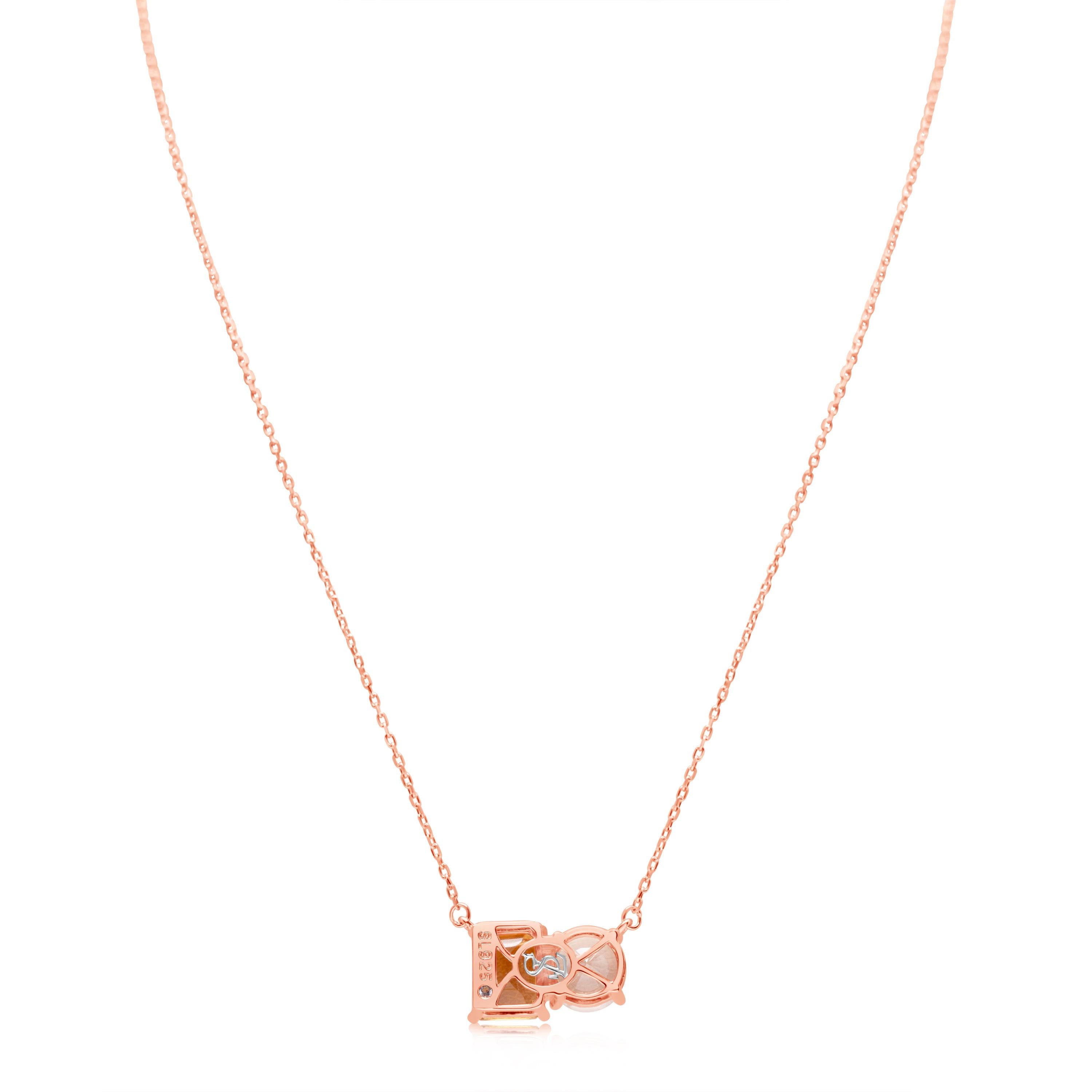 Shimmering in hues of white and orange, this Suzy Levian necklace is as on trend as can be, and features a round cut white topaz and an emerald cut orange citrine as a perfectly matched pair. This necklace symbolizes a perfect pairing of unique