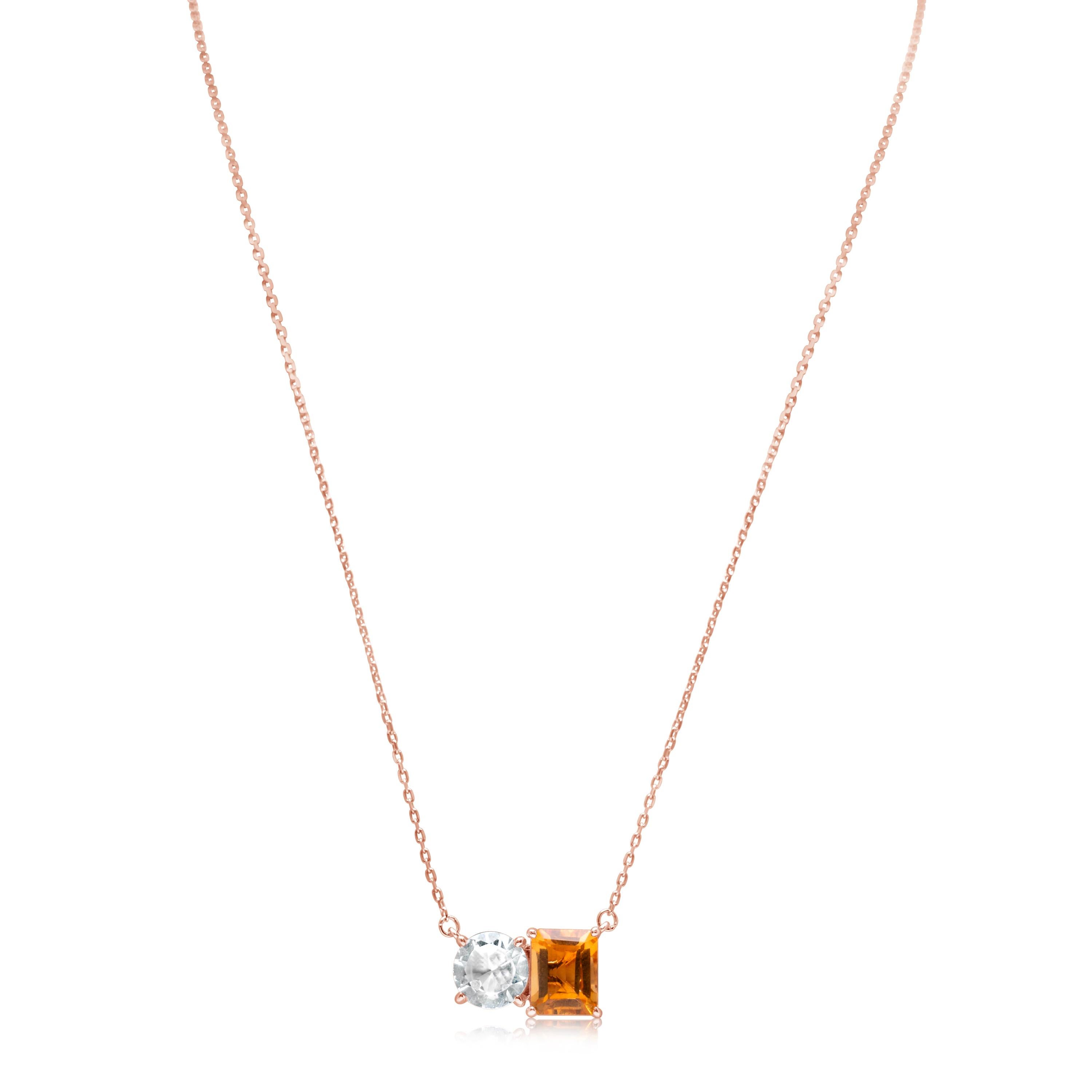 Suzy Levian Rose Sterling Silver White Topaz & Orange Citrine Two Stone Necklace For Sale